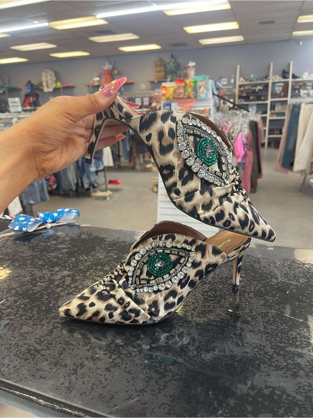 Kurt Geiger Leopard Print Mules with Crystal Eye Accent - Picture 8 of 8